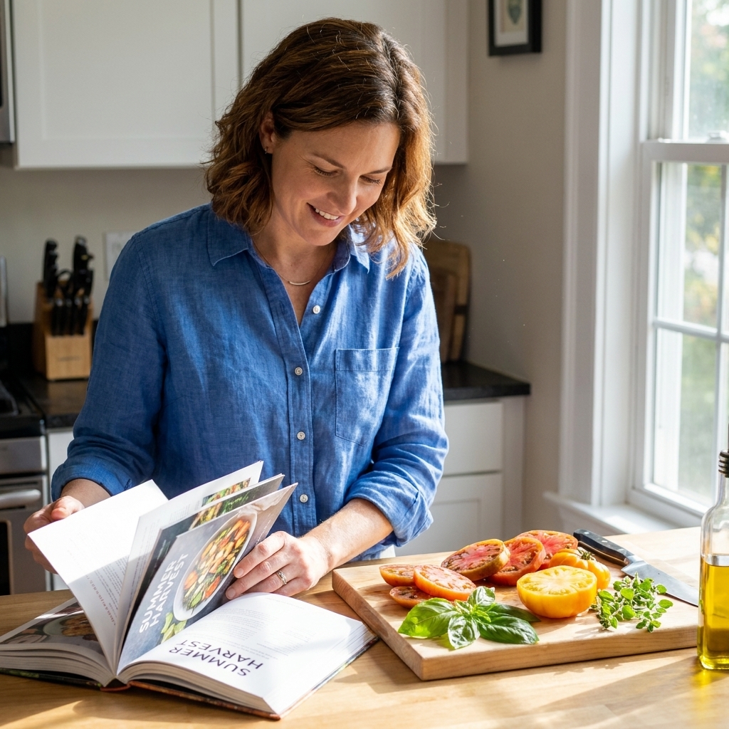A seasonal cookbook open beside a cutting board covered with summer tomatoes and herbs on a bright kitchen counter