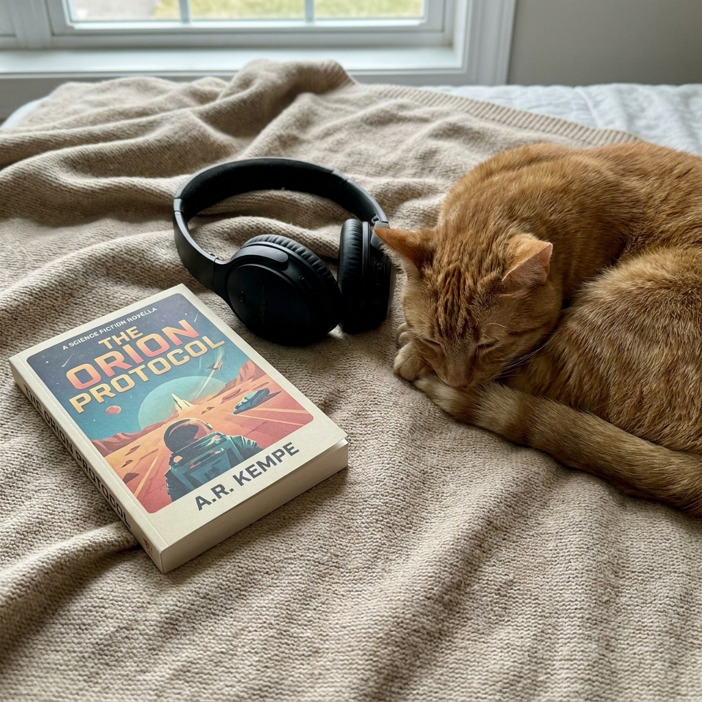 A slim science fiction novella sitting on a rumpled couch blanket next to a pair of wireless headphones and a sleepy house cat