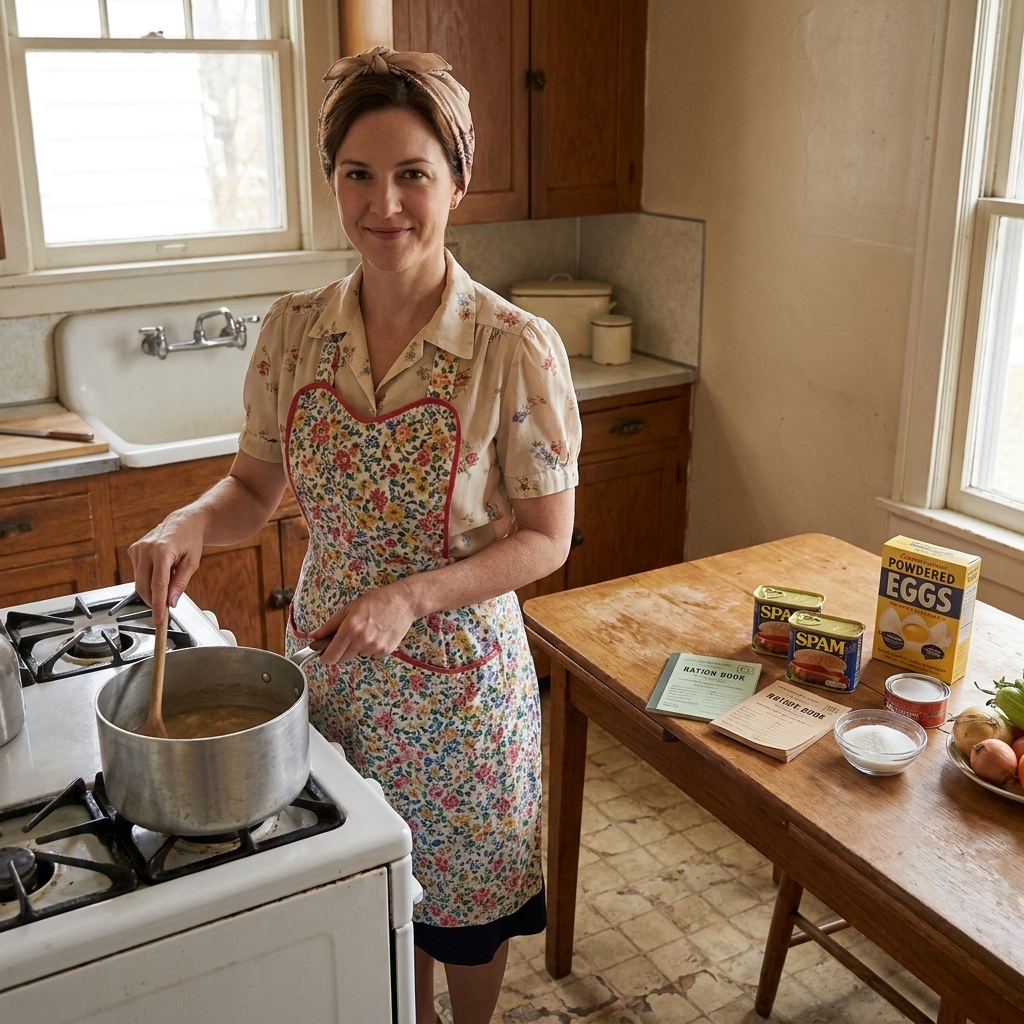 A small 1940s kitchen with rationed ingredients on a table and a woman in period clothing stirring a pot on a stove.