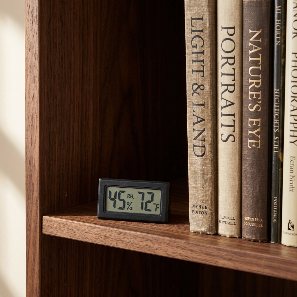 A small digital hygrometer sitting on a wooden bookshelf beside hardback photography books