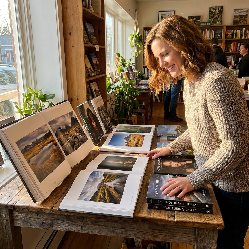 A small independent bookstore table display with several large-format photography books open to different spreads, afternoon light across the pages, with a few stacked titles nearby