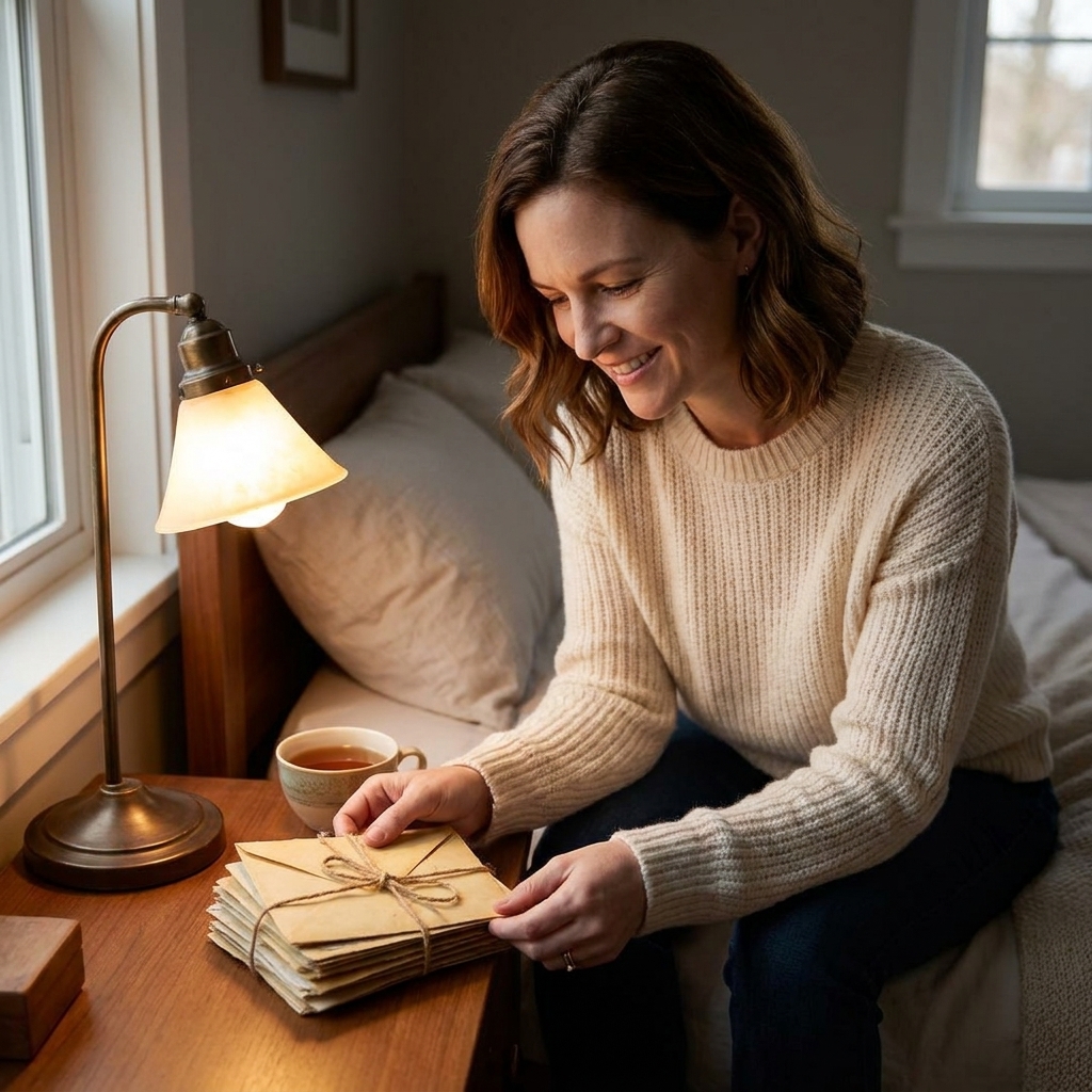 A small stack of aged envelopes tied with twine resting on a bedside table next to a reading lamp