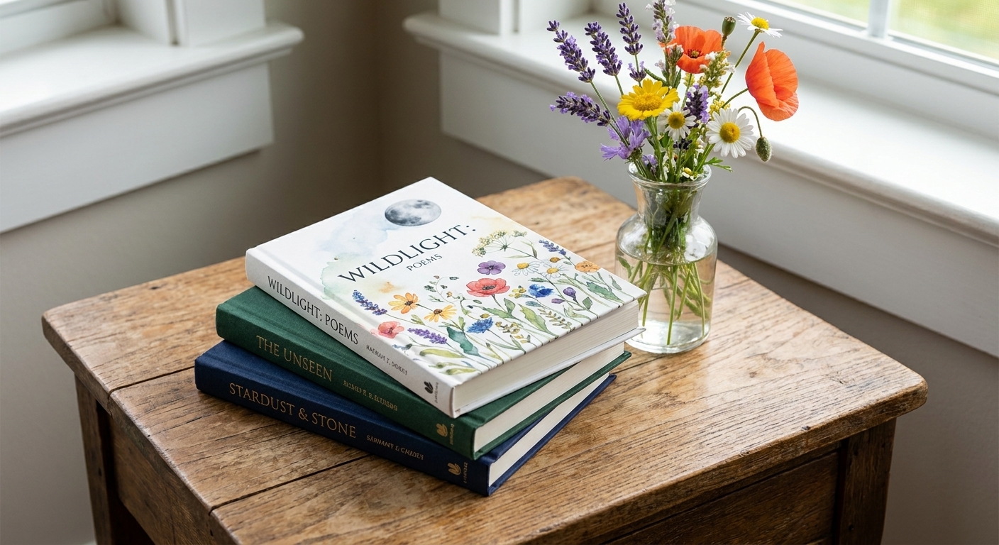 A small stack of hardcover poetry books on a wooden side table with a vase of flowers nearby, the top book turned slightly so its illustrated cover is visible