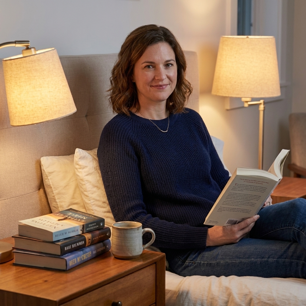 A small stack of mixed hardcover and paperback novels on a bedside table beside a reading lamp