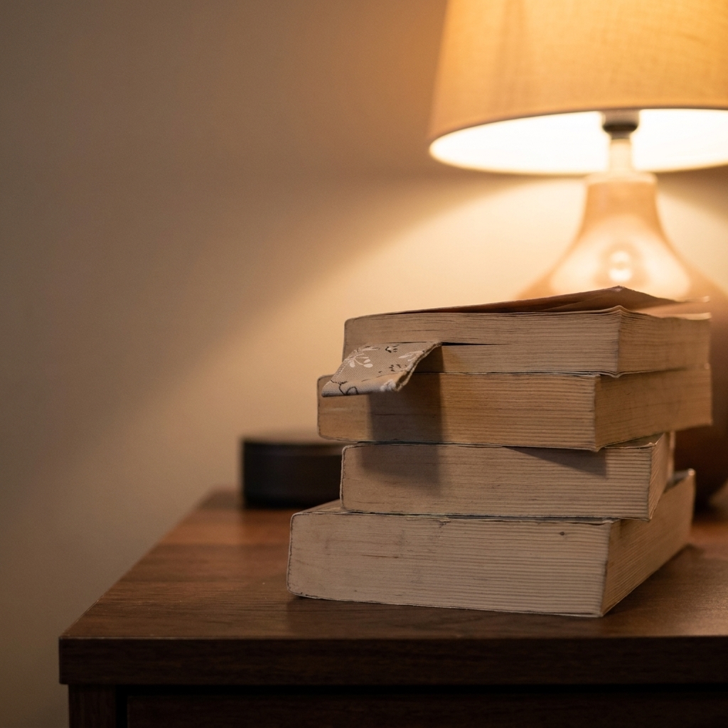 A small stack of paperbacks on a nightstand beside a glowing bedside lamp, with a bookmark peeking out of the top book