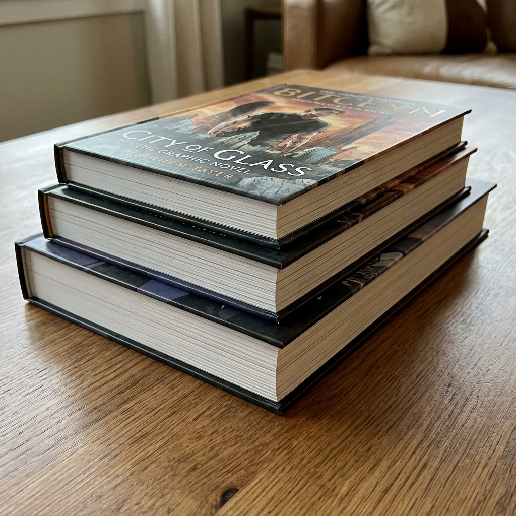 A small, tidy stack of oversized graphic novel hardcovers lying flat on a wooden table, with the largest book on the bottom and clean square corners