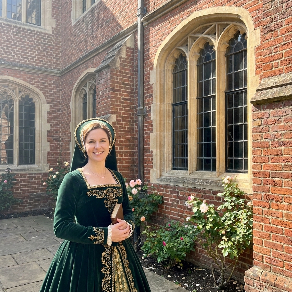 A sunlit Tudor palace courtyard with red brick walls and arched windows.