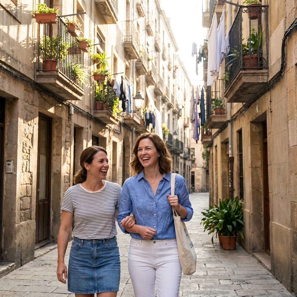 A sunlit photograph of two friends walking closely together down a narrow neighborhood street lined with balconies and laundry
