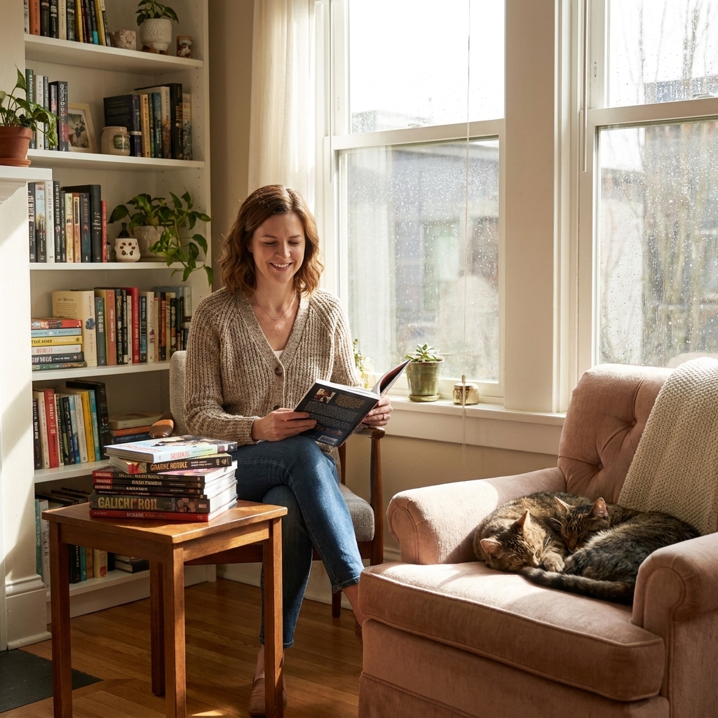 A sunlit reading nook with a stack of graphic novels on a small table and two cats curled up on a nearby chair, cozy apartment setting in Portland, Oregon