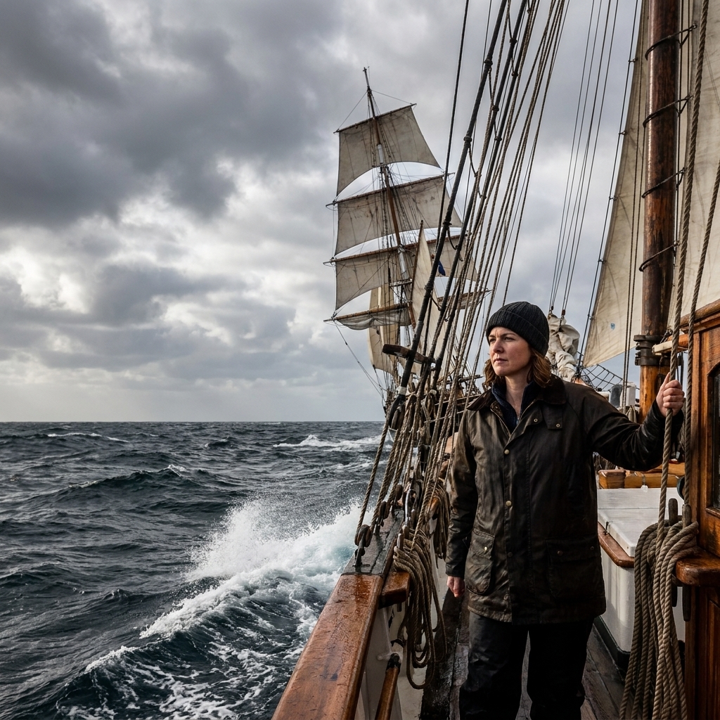 A tall sailing ship cutting through choppy ocean waves under a dramatic cloudy sky.