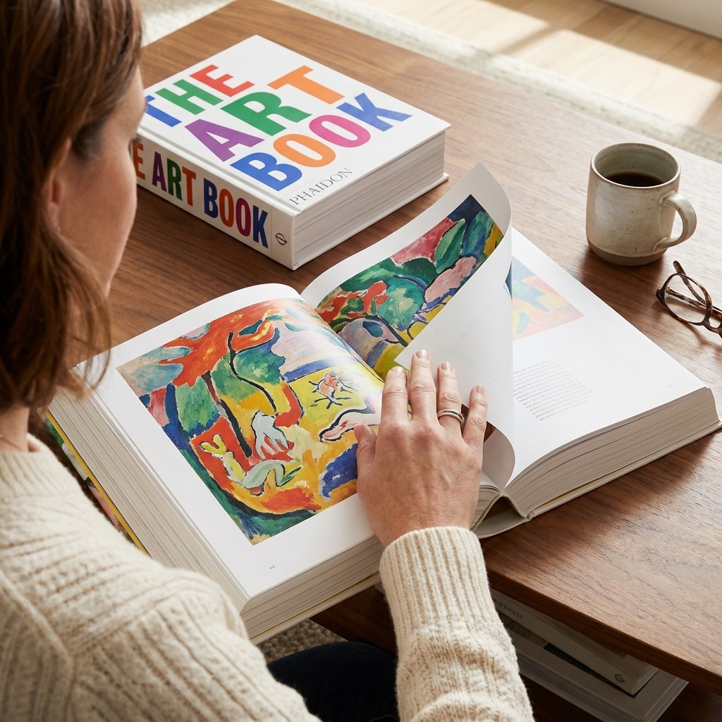 A thick Phaidon art survey book on a coffee table with a hand turning a page showing a full-color artwork reproduction