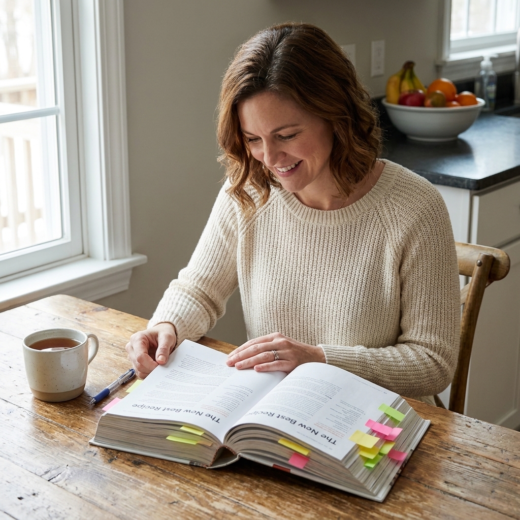 A thick copy of 'The New Best Recipe' open on a kitchen table with sticky notes marking favorite pages