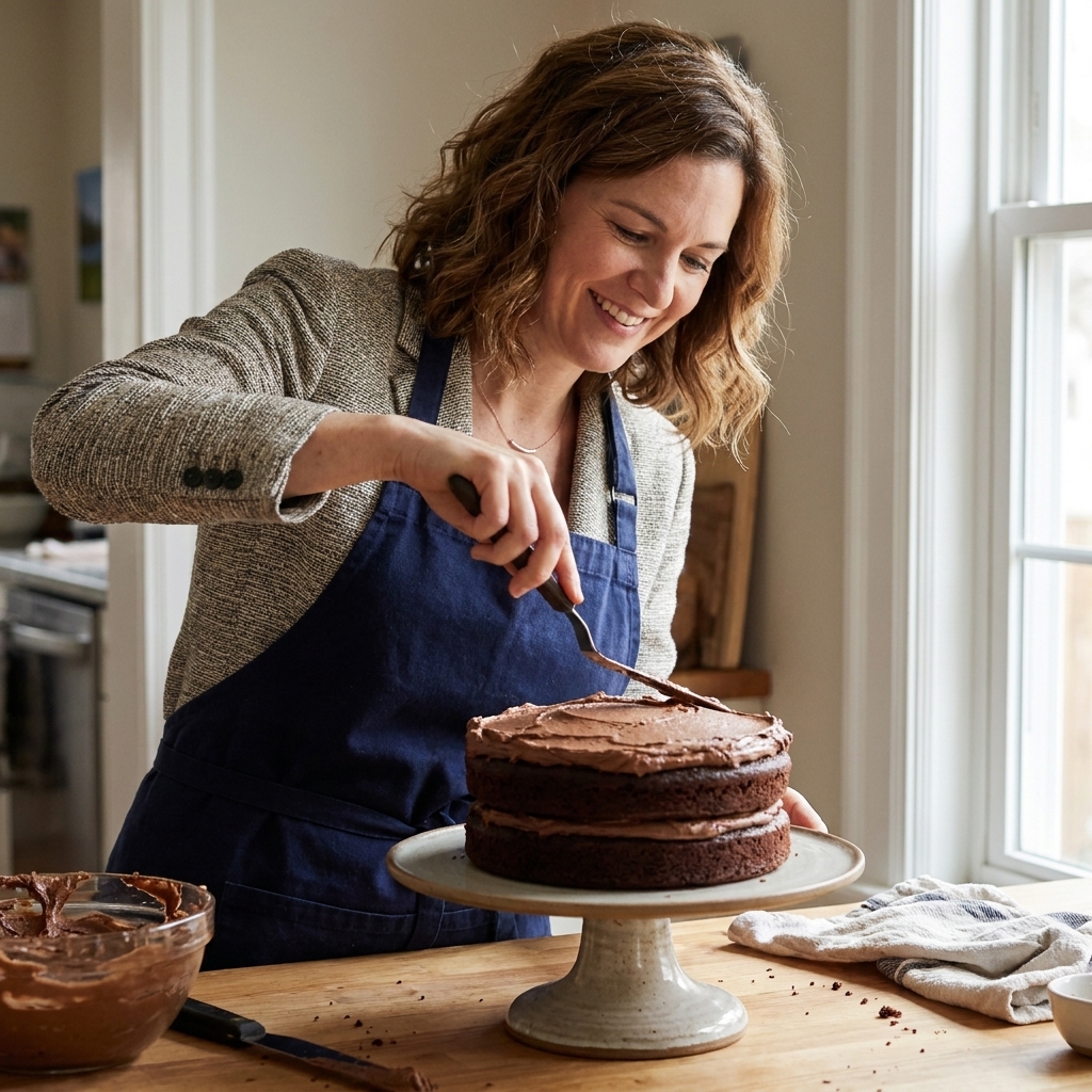 A two-layer chocolate cake on a cake stand with a frosting spatula on the counter