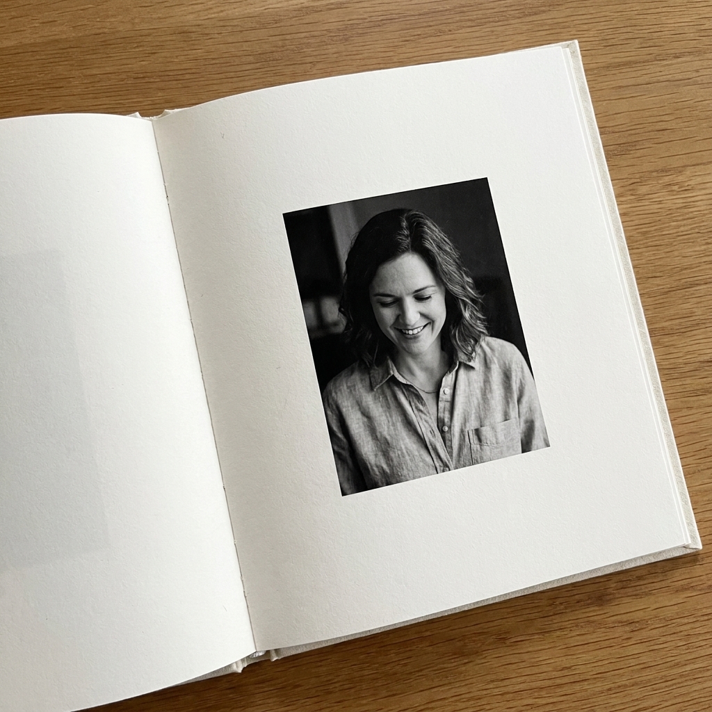 A view of thick matte paper in an open photobook, showing subtle texture, deep blacks, and a minimalist spread that emphasizes quiet and space