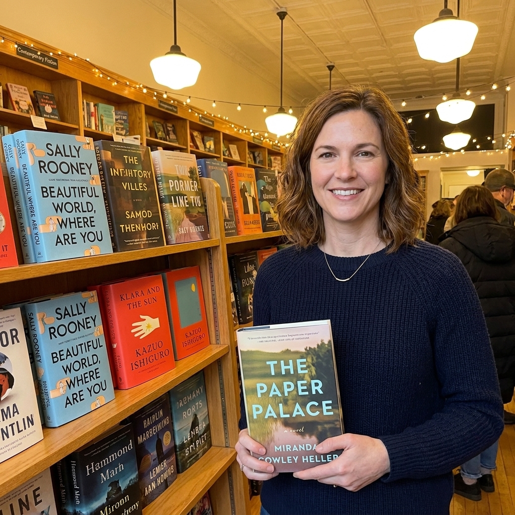 A warmly lit independent bookstore aisle with contemporary fiction covers facing out on wooden shelves