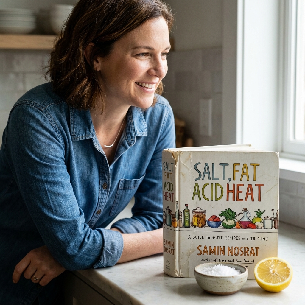 A well-used copy of 'Salt, Fat, Acid, Heat' on a kitchen counter beside a small bowl of flaky salt and a halved lemon
