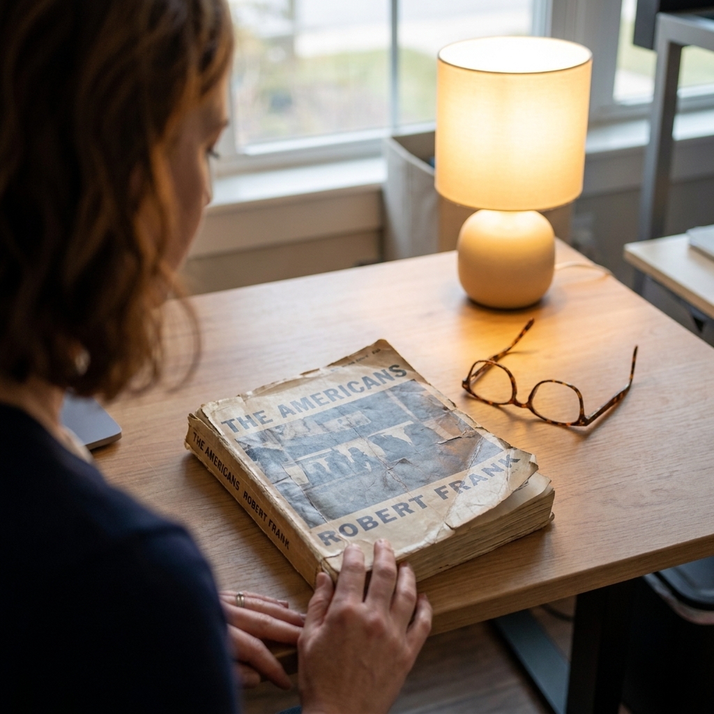 A well-worn copy of The Americans by Robert Frank on a desk beside reading glasses and a small lamp