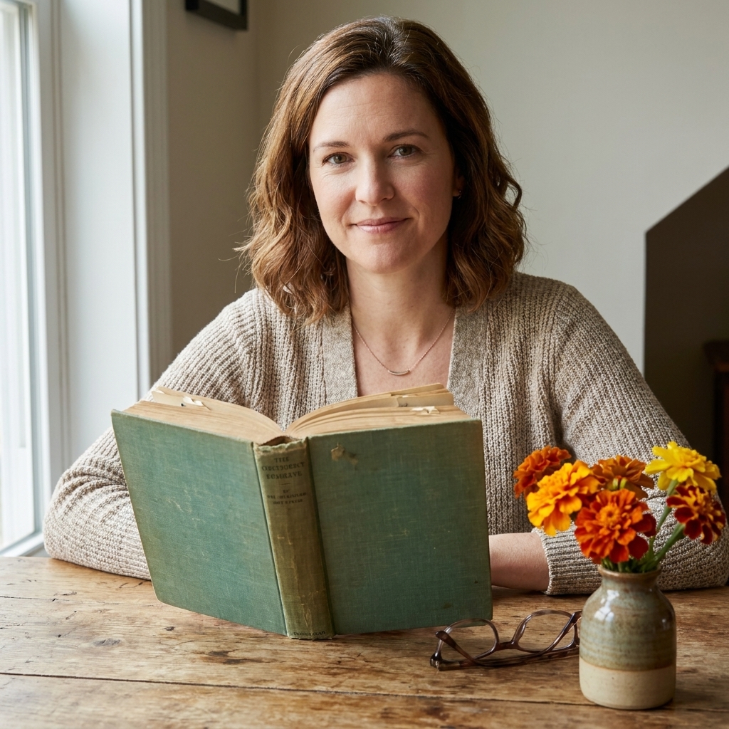 A well-worn hardcover book resting on a wooden table beside a small vase of marigolds and a pair of reading glasses