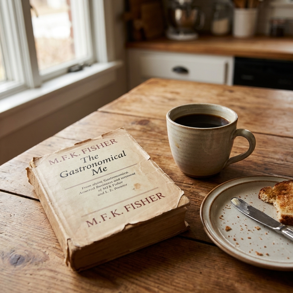 A well-worn hardcover copy of M.F.K. Fisher's food memoir resting on a wooden table beside a cup of black coffee and a small plate