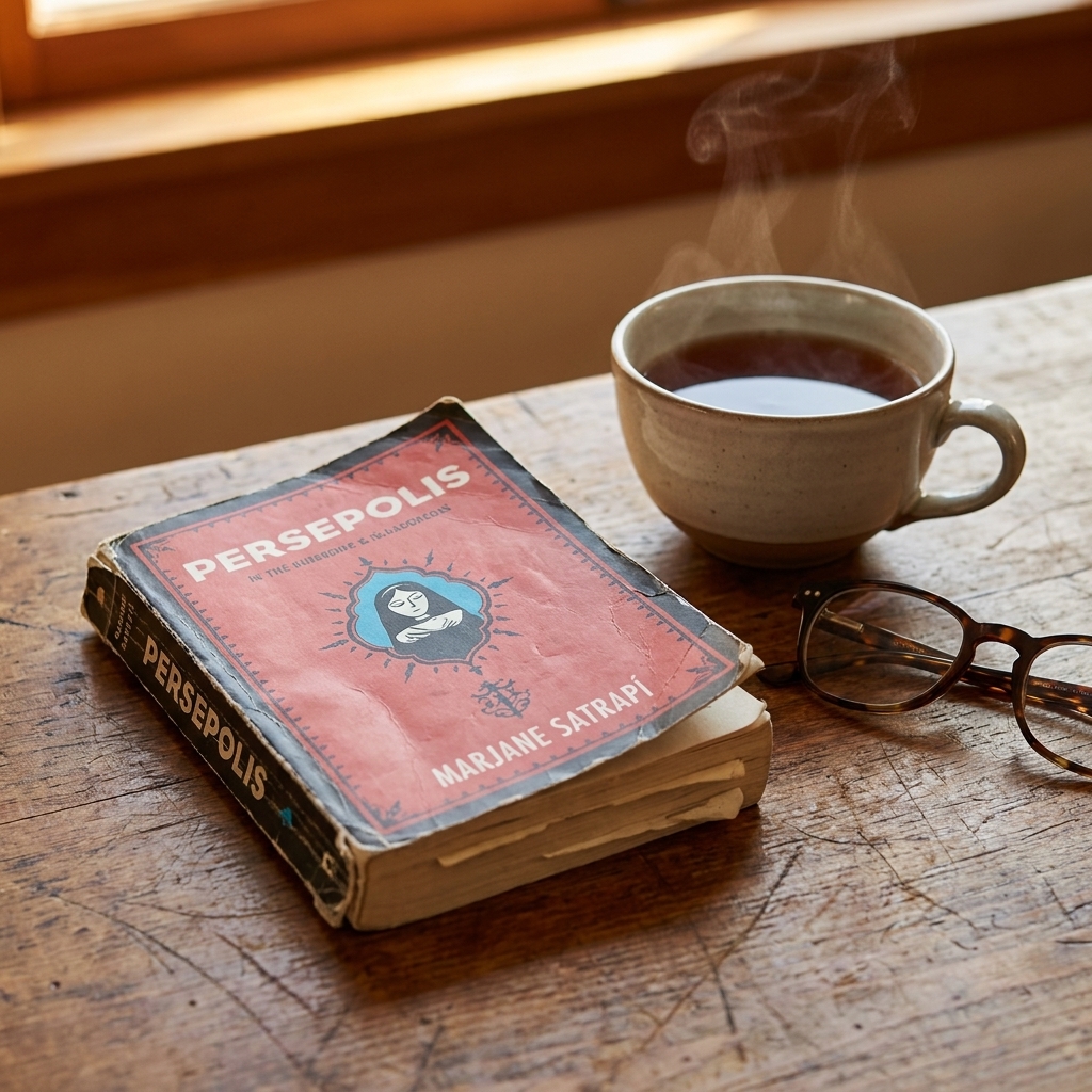 A well-worn paperback copy of Persepolis resting on a wooden table beside a cup of tea and a pair of reading glasses
