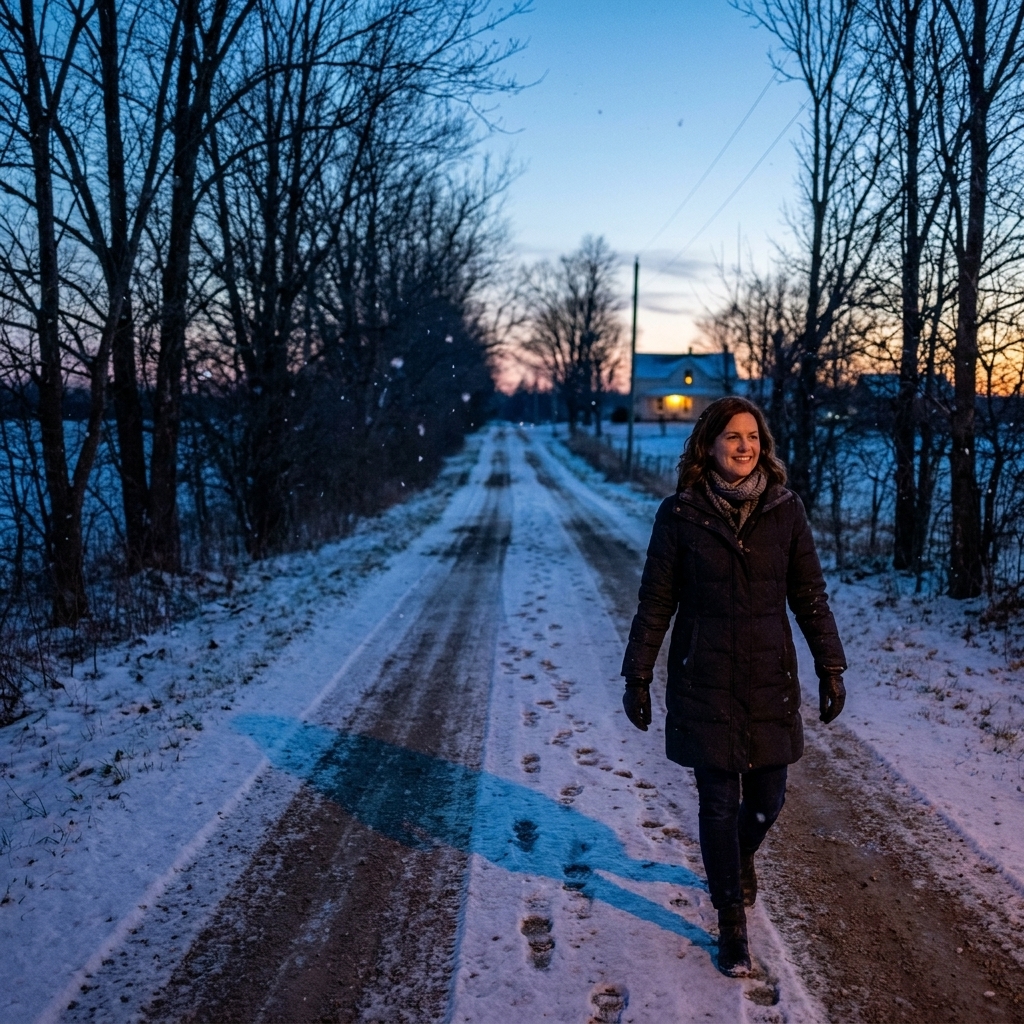 A winter photograph of a narrow rural road at dusk with bare trees and footprints in snow leading into the distance