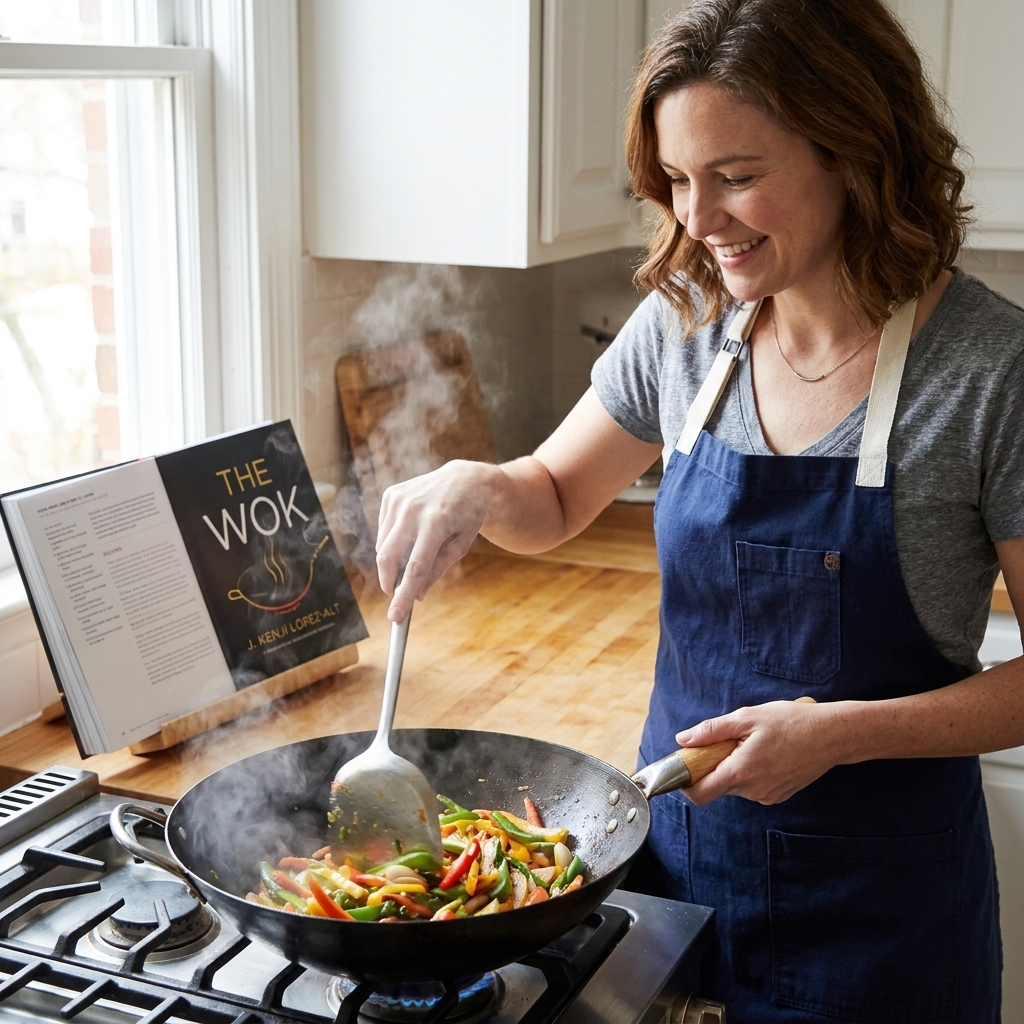 A wok set on a stovetop with vegetables mid-sizzle, and 'The Wok' cookbook propped open nearby