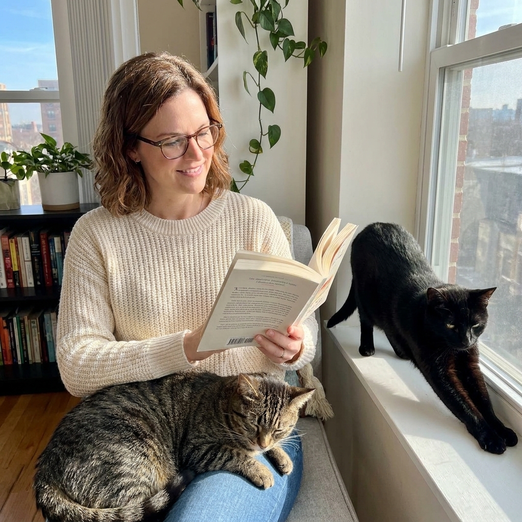A woman reading by a bright apartment window with two cats lounging nearby