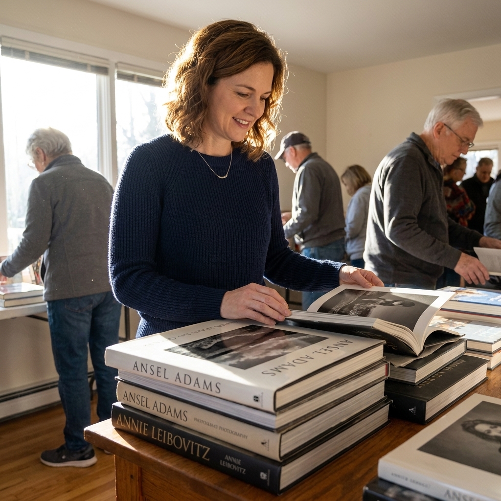 A wooden table at an estate sale with stacks of hardcover art and photography books arranged in piles, sunlight coming through a window