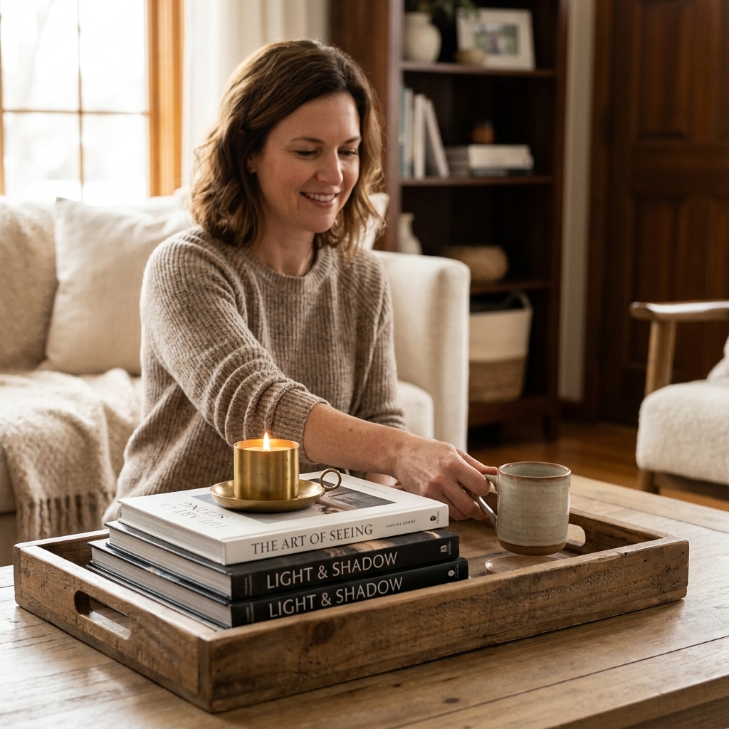 A wooden tray on a coffee table holding a neat stack of photography books and a small brass candle, with space left clear for a mug