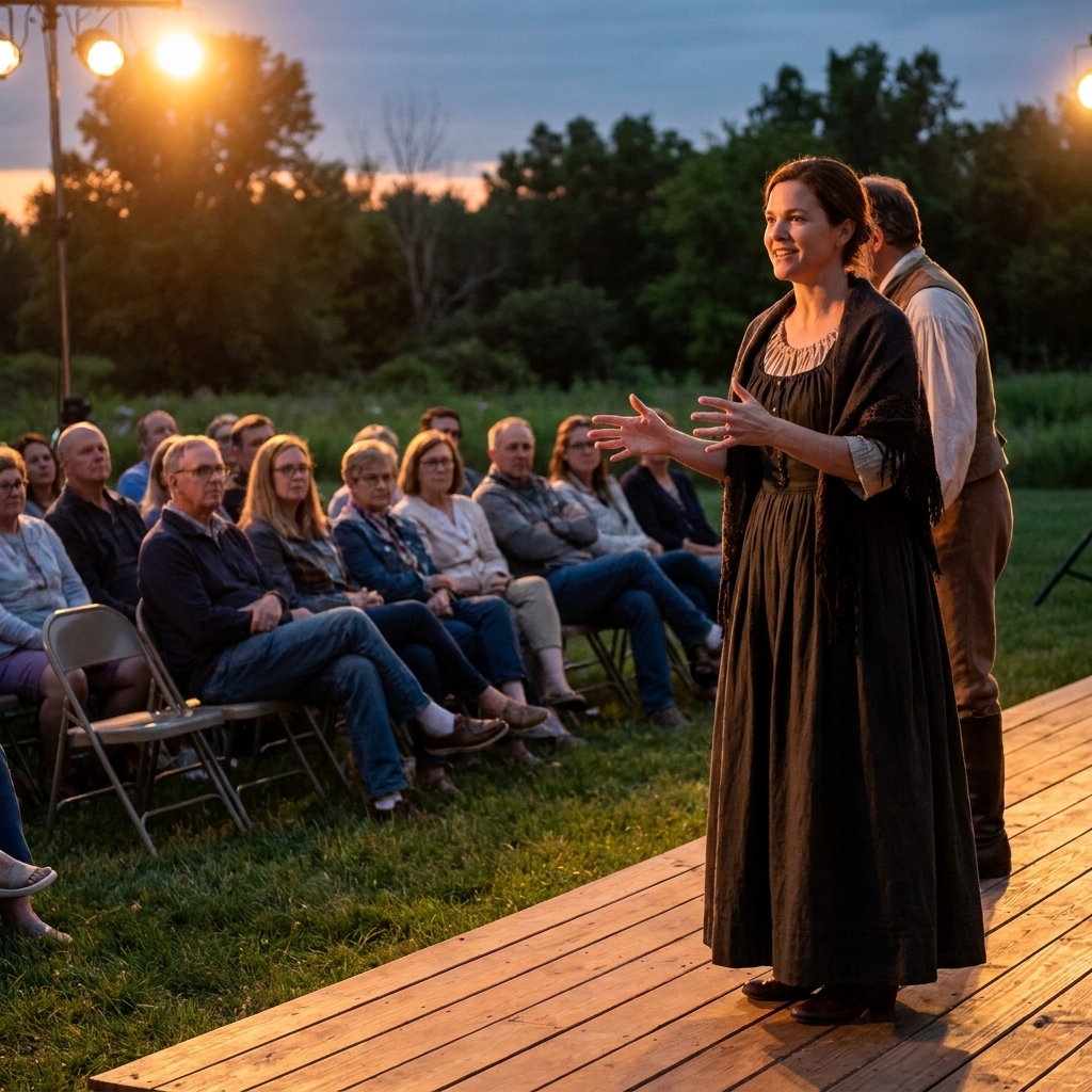Actors performing on a simple outdoor stage at dusk with a small audience seated on folding chairs