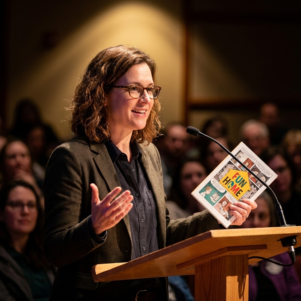 Alison Bechdel speaking at a lectern during a reading event, photographed in an indoor auditorium with a warm spotlight