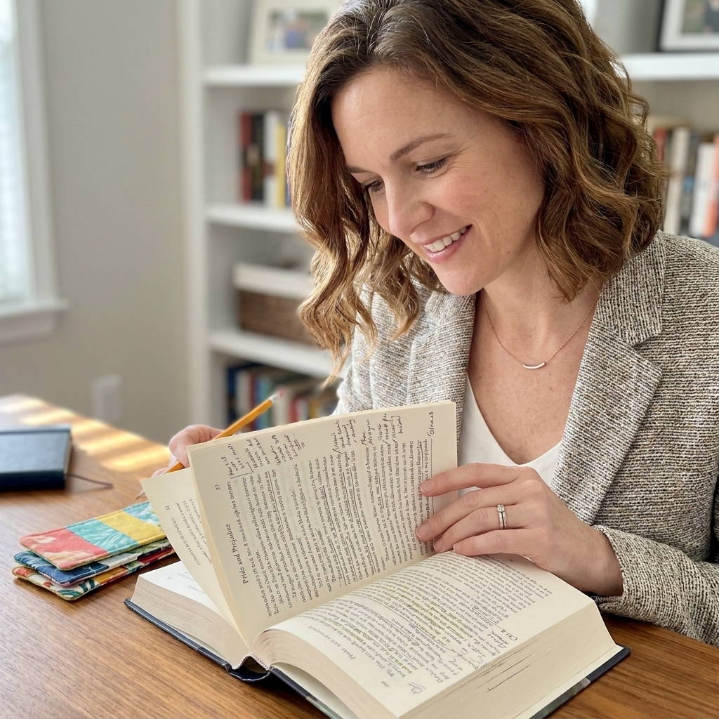 An open annotated classic novel on a wooden desk with a pencil and a small stack of bookmarks nearby