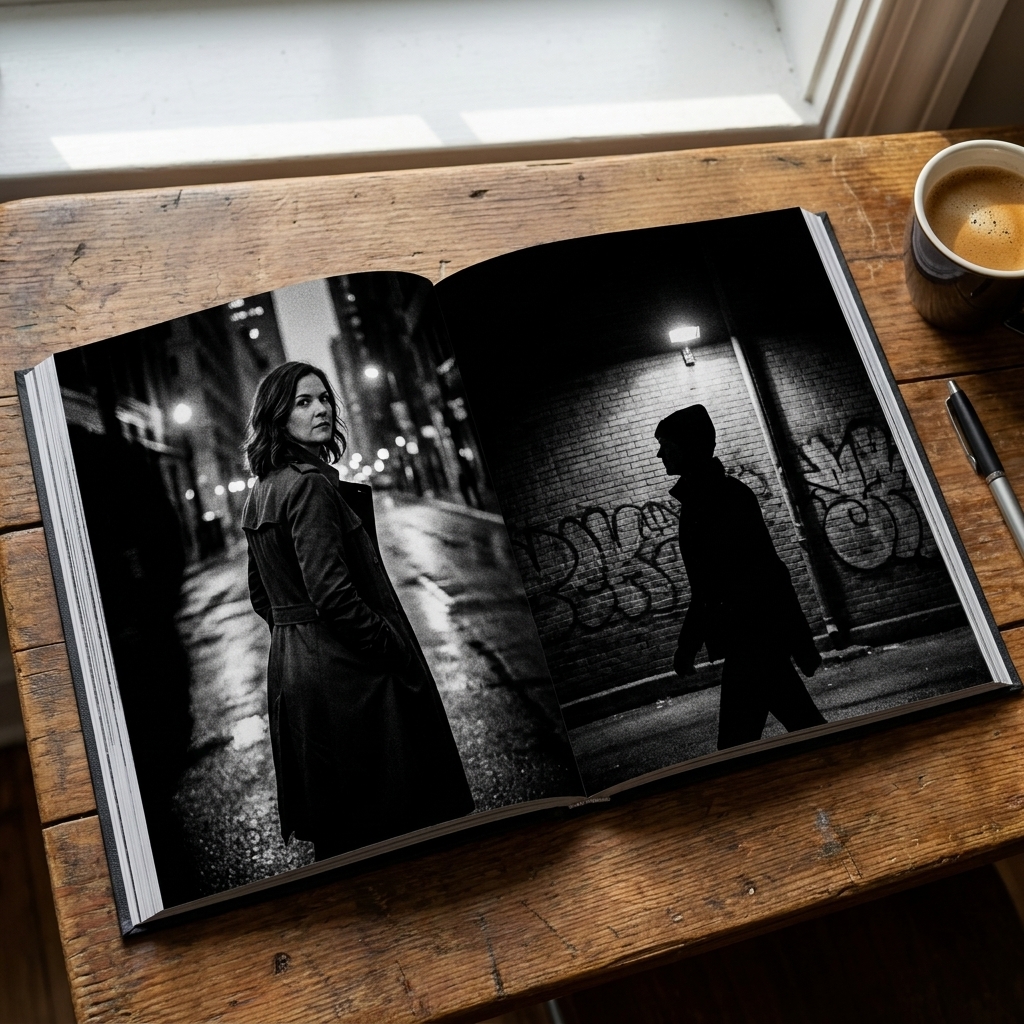 An open black-and-white photobook on a table showing gritty street photographs across a two-page spread, heavy shadows and strong contrast creating a tense mood