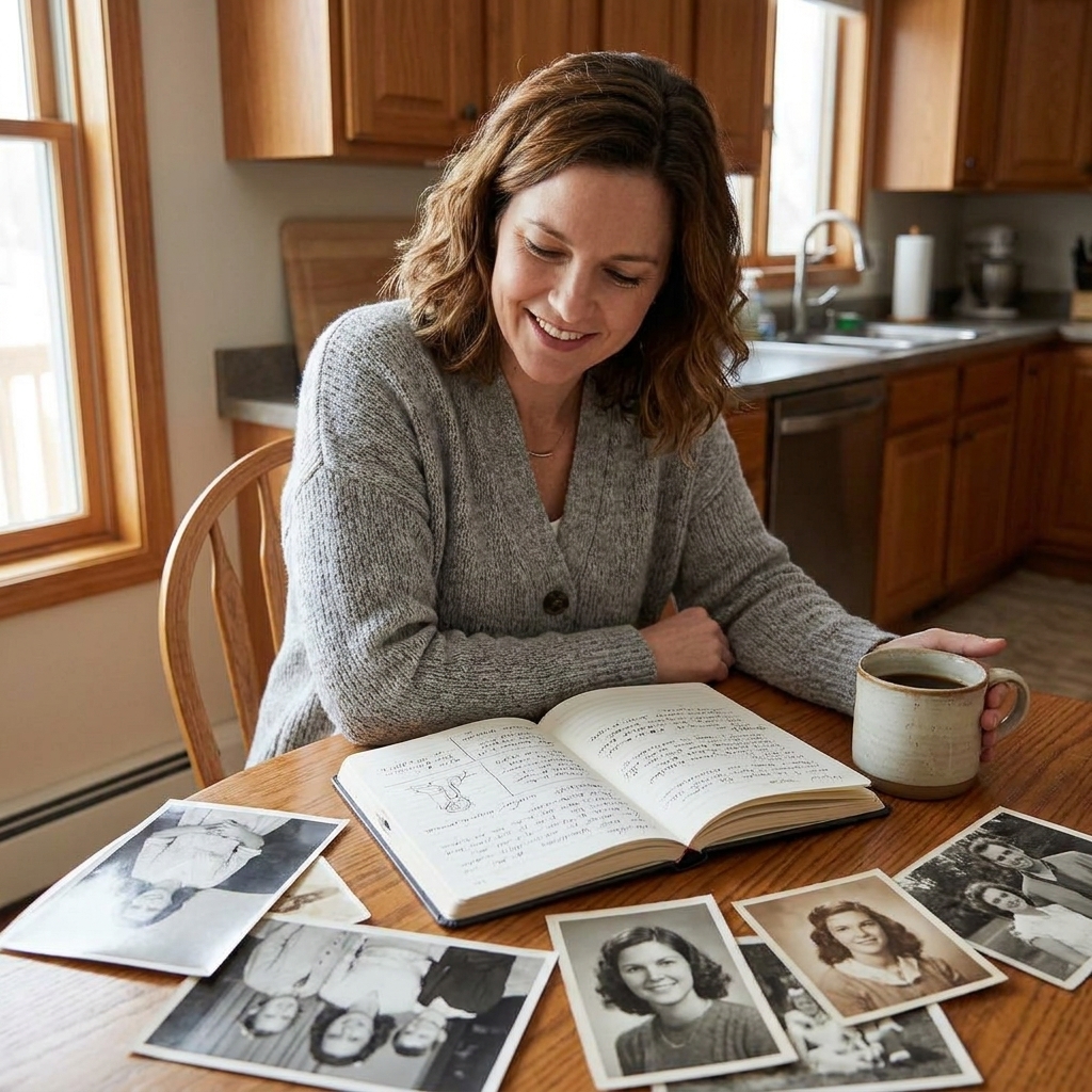 An open book on a kitchen table beside scattered old photographs and a cup of coffee, suggesting memory and time