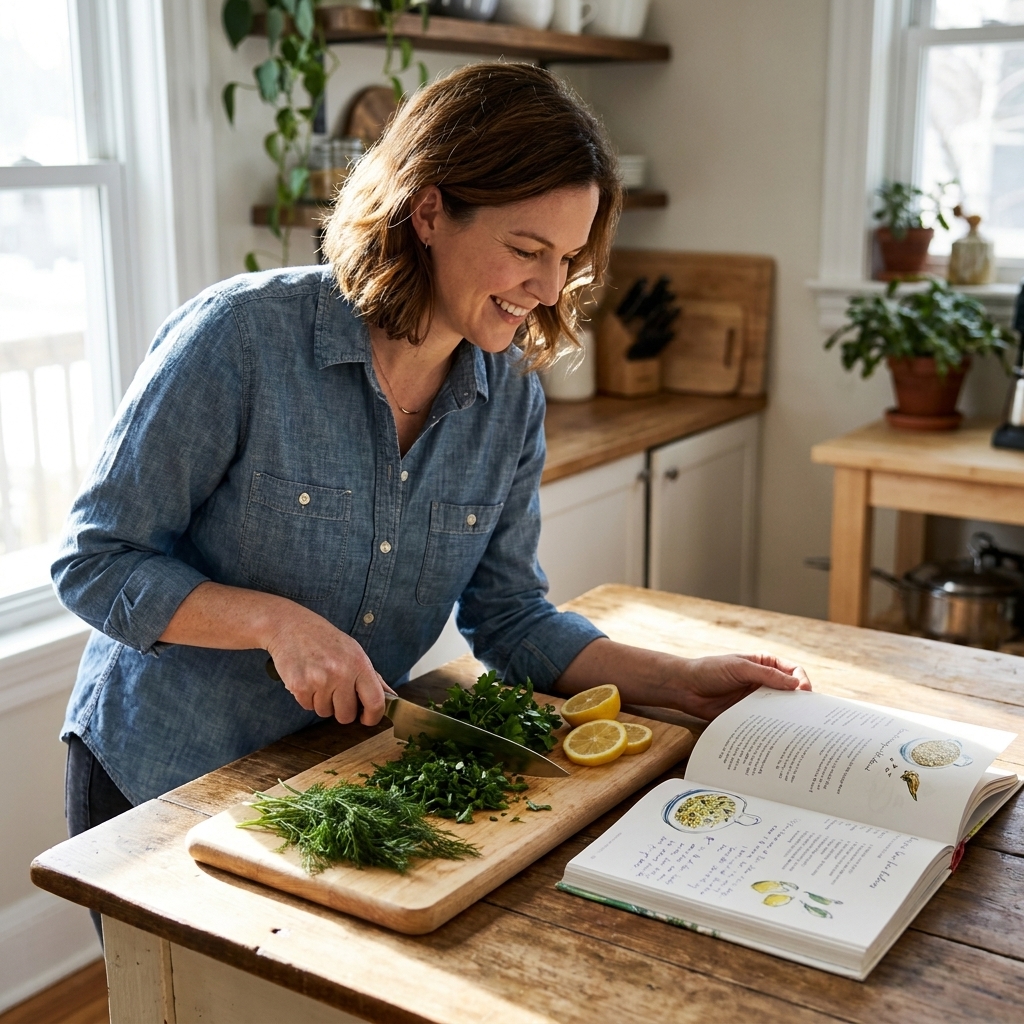 An open cookbook on a wooden kitchen table next to a cutting board with chopped herbs and a lemon, midday natural light