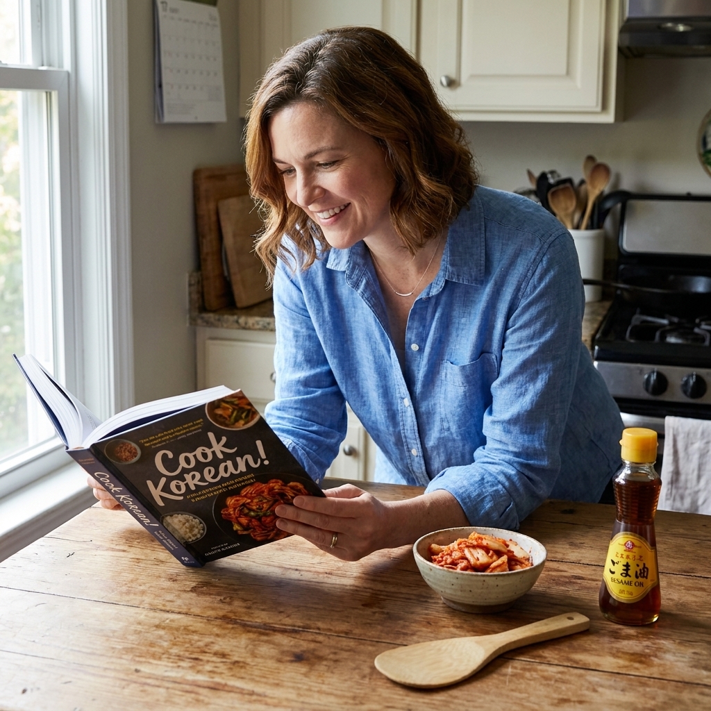 An open copy of 'Cook Korean!' on a kitchen table beside a small bowl of kimchi, a rice paddle, and a bottle of sesame oil