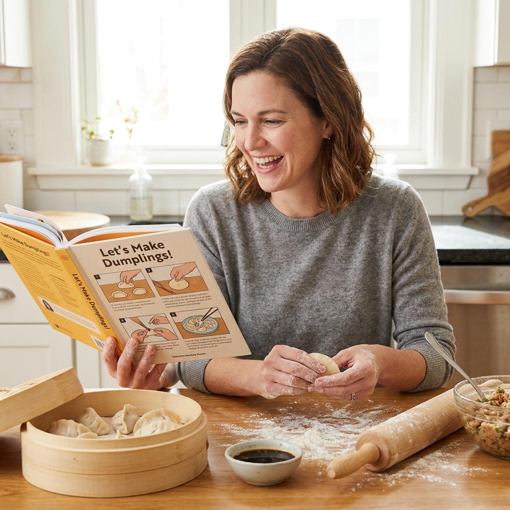 An open copy of 'Let’s Make Dumplings!' on a kitchen table with a bamboo steamer, a small bowl of dipping sauce, and a floured rolling pin nearby