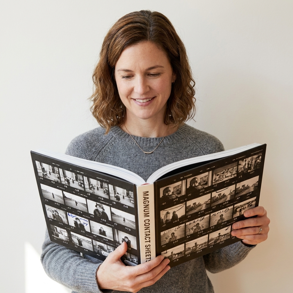 An open copy of Magnum Contact Sheets showing multiple small black-and-white frames on a spread