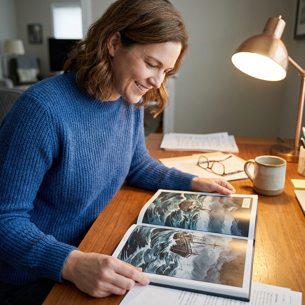 An open graphic novel showing a dramatic ocean scene on a desk with a reading lamp