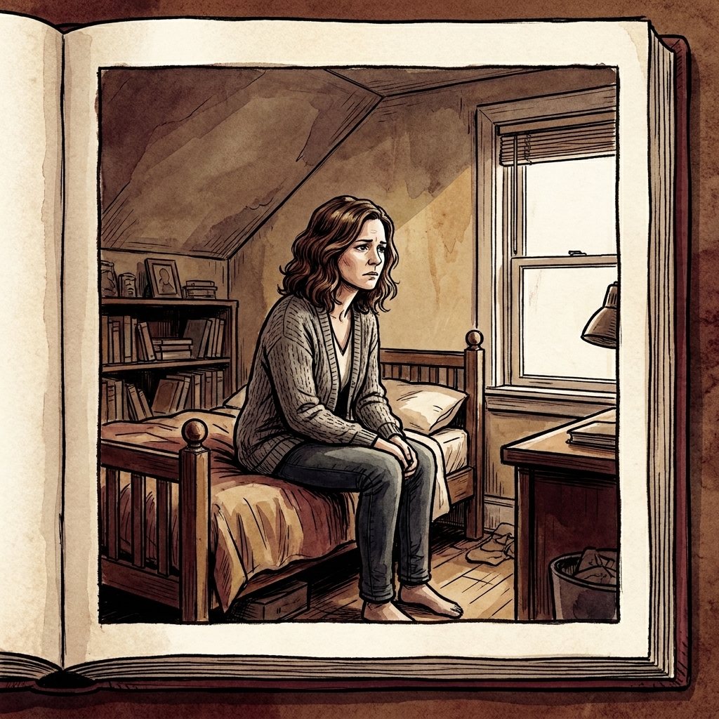An open graphic novel showing a small bedroom scene with a figure isolated in the frame