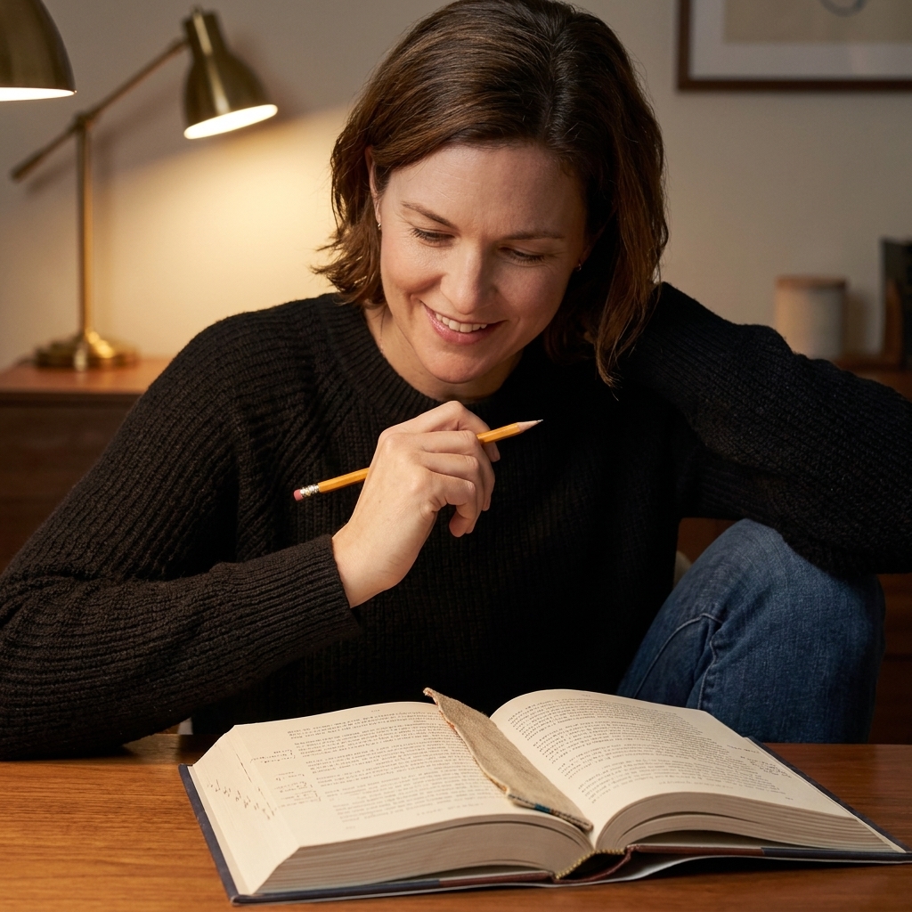 An open hardcover novel on a table with pencil notes in the margins and a bookmarked page, lit by warm lamplight