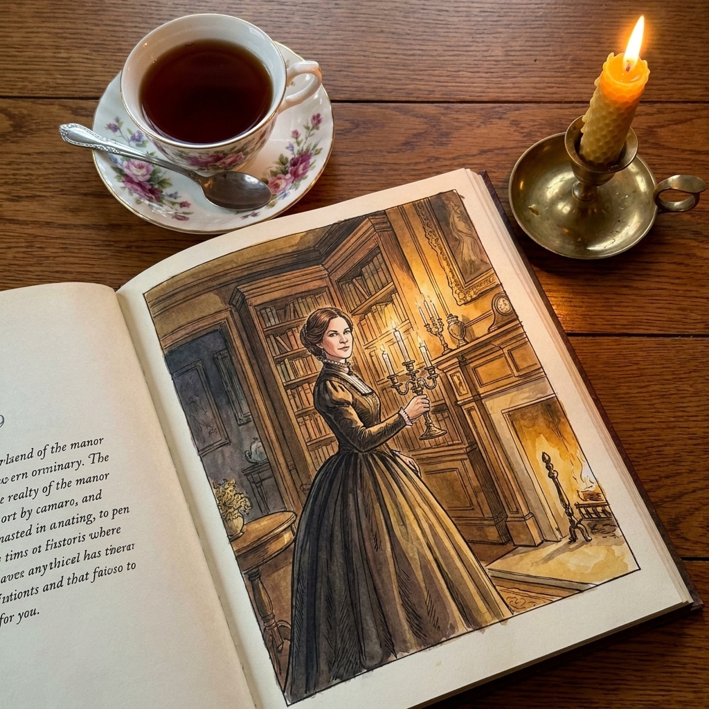 An open illustrated book showing a candlelit manor interior scene beside a teacup
