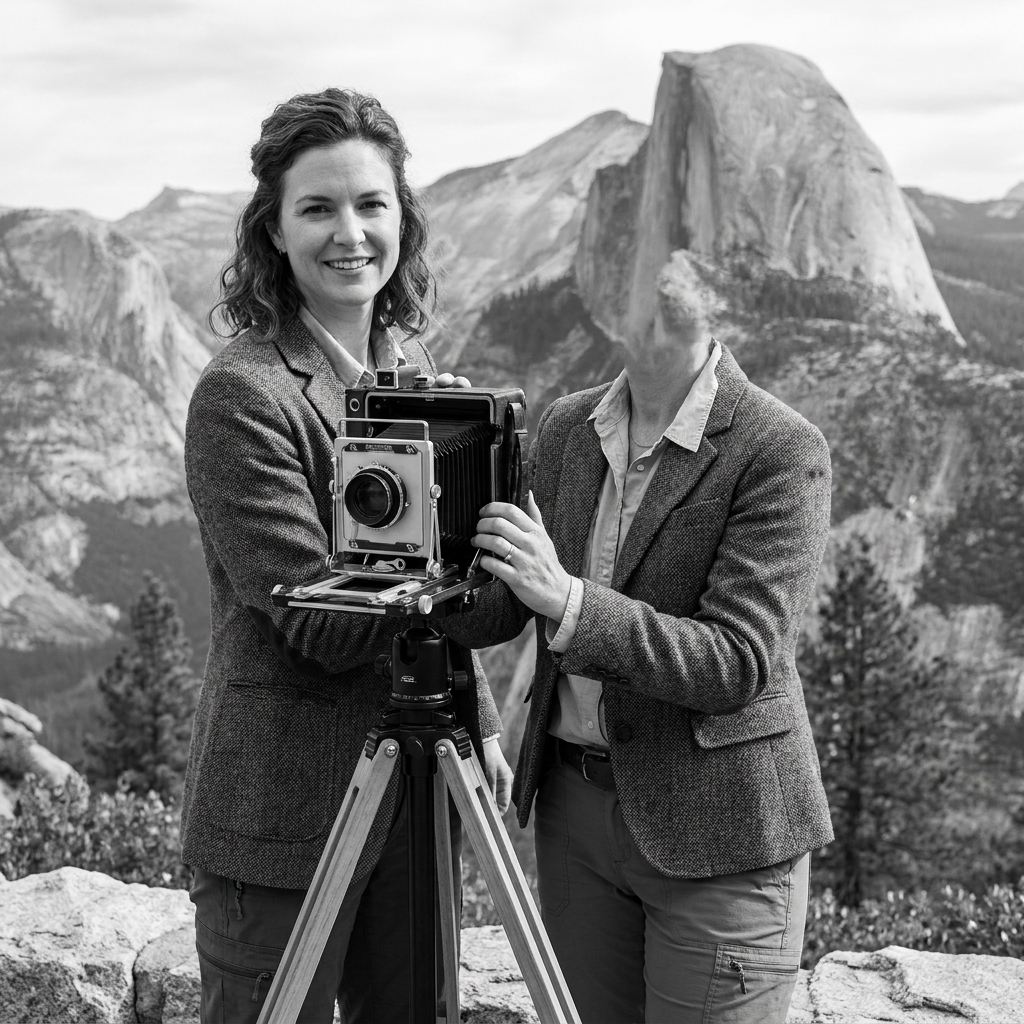 Ansel Adams outdoors in Yosemite with a large-format camera on a tripod, mountains rising behind him