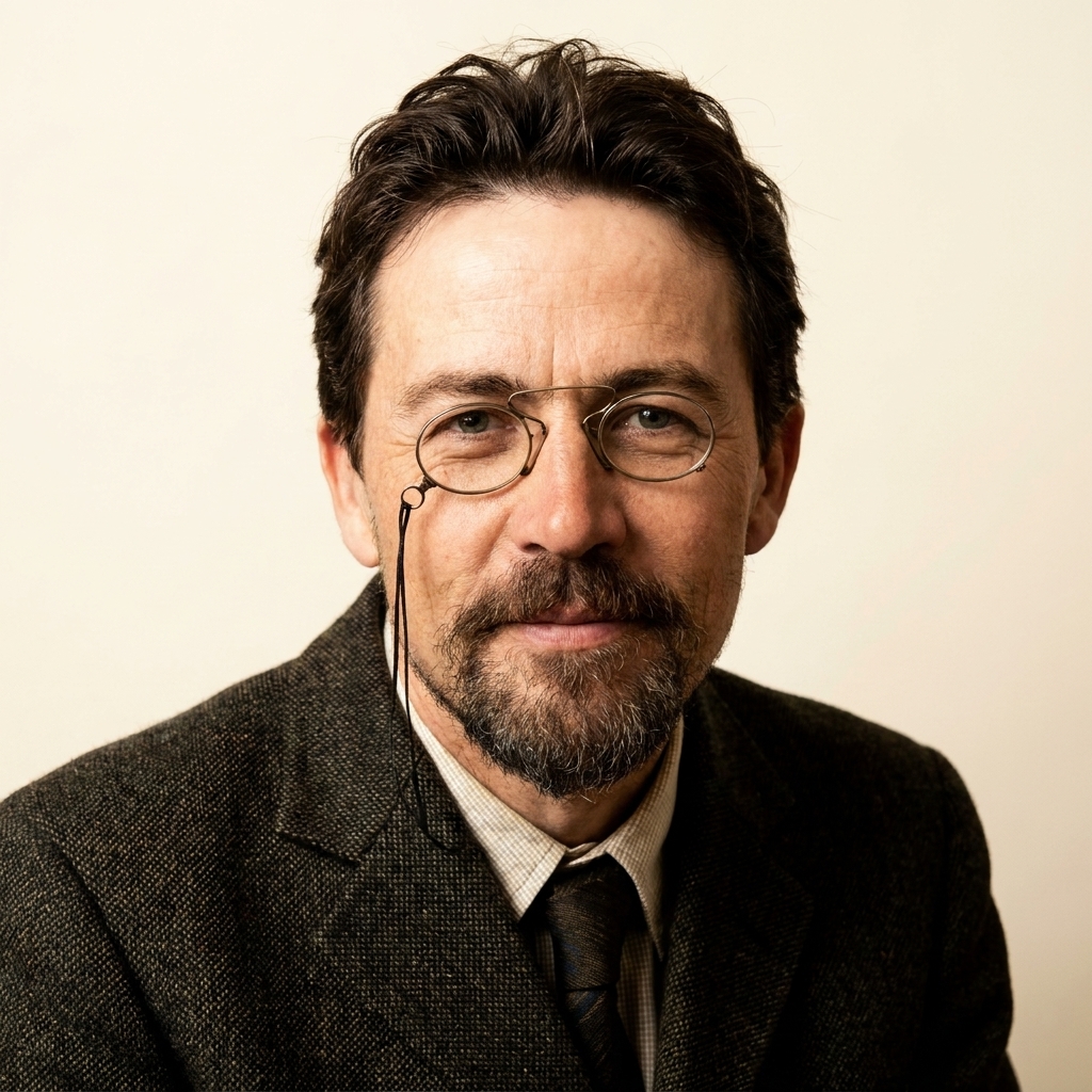 Anton Chekhov wearing pince-nez glasses and a suit, looking directly at the camera