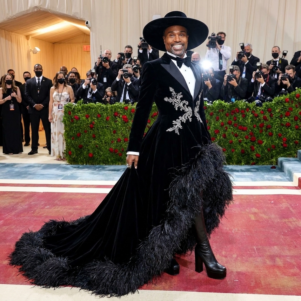Billy Porter posing on a red carpet in a statement outfit, photographers in the background