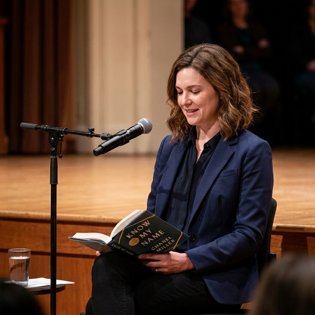Chanel Miller seated on a stage during a reading, holding a book, with a microphone stand nearby