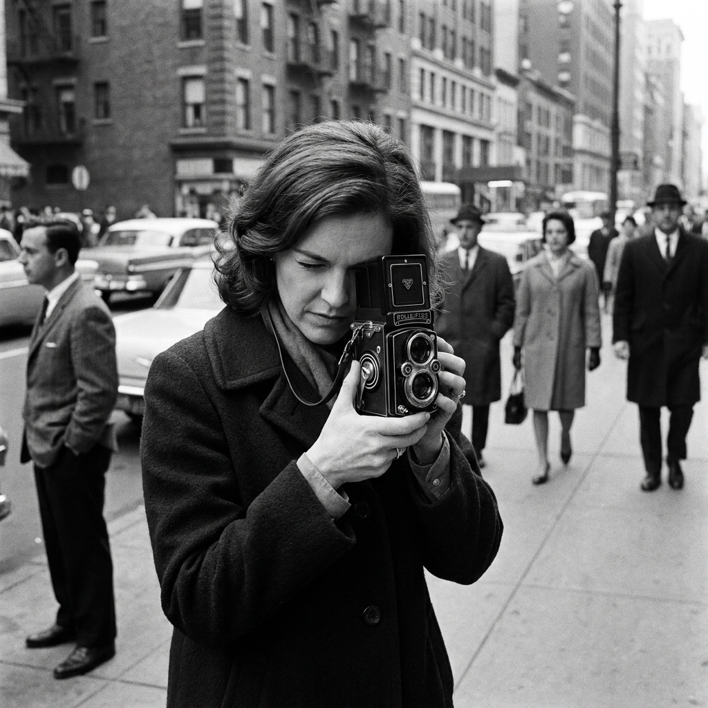 Diane Arbus holding a camera in New York, mid-20th-century street scene, looking intent and focused