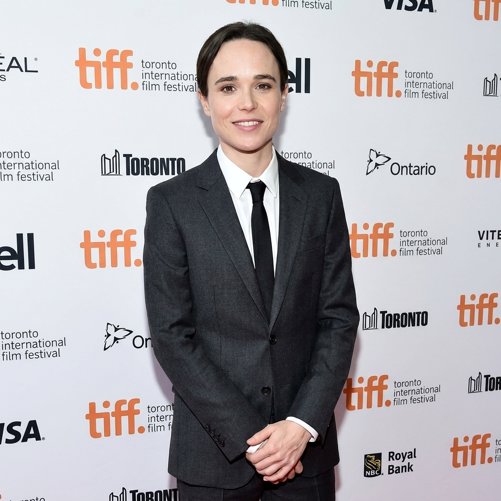 Elliot Page at a public appearance in a tailored suit, standing against a step-and-repeat background