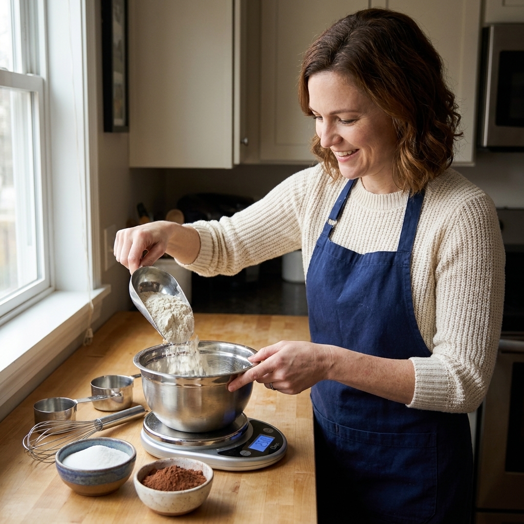 Flour being measured into a bowl on a digital kitchen scale with small bowls of sugar and cocoa nearby