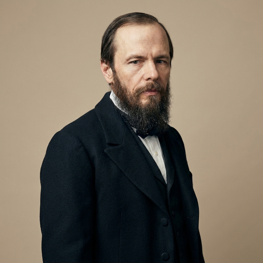 Fyodor Dostoevsky, bearded and turned slightly to the side, in formal 19th-century clothing